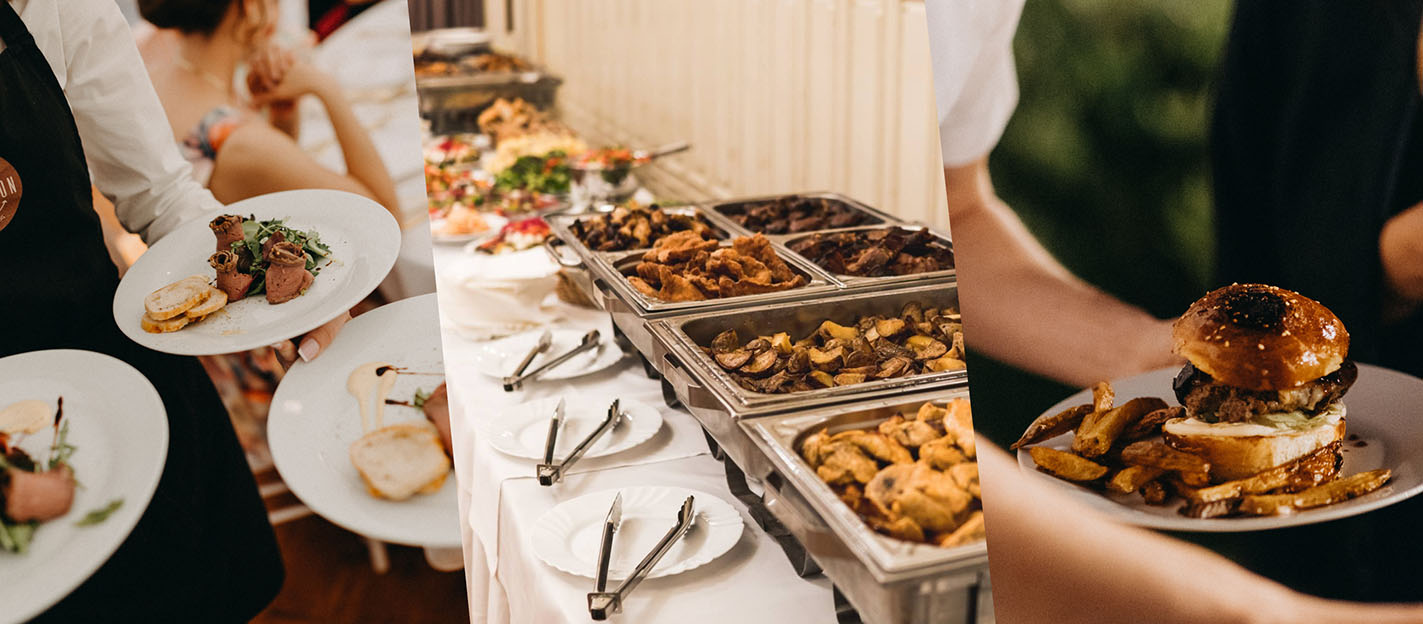 catering Trnava od La Reunion s roznym jedlom v podobe hlavného chodu, bufetových stolov a hamburgerov